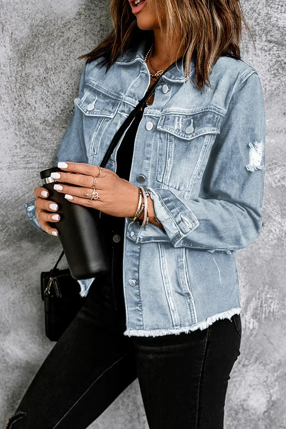 Light Blue Distressed Denim Jacket with Raw Hem – Femstylo