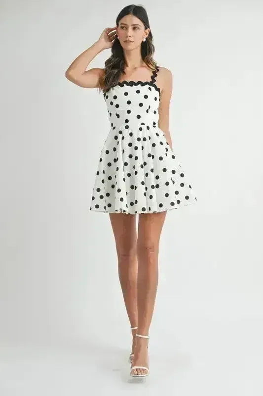 Polka Dot Mini Dress – Ricrac Trim Strap & Smocked Back