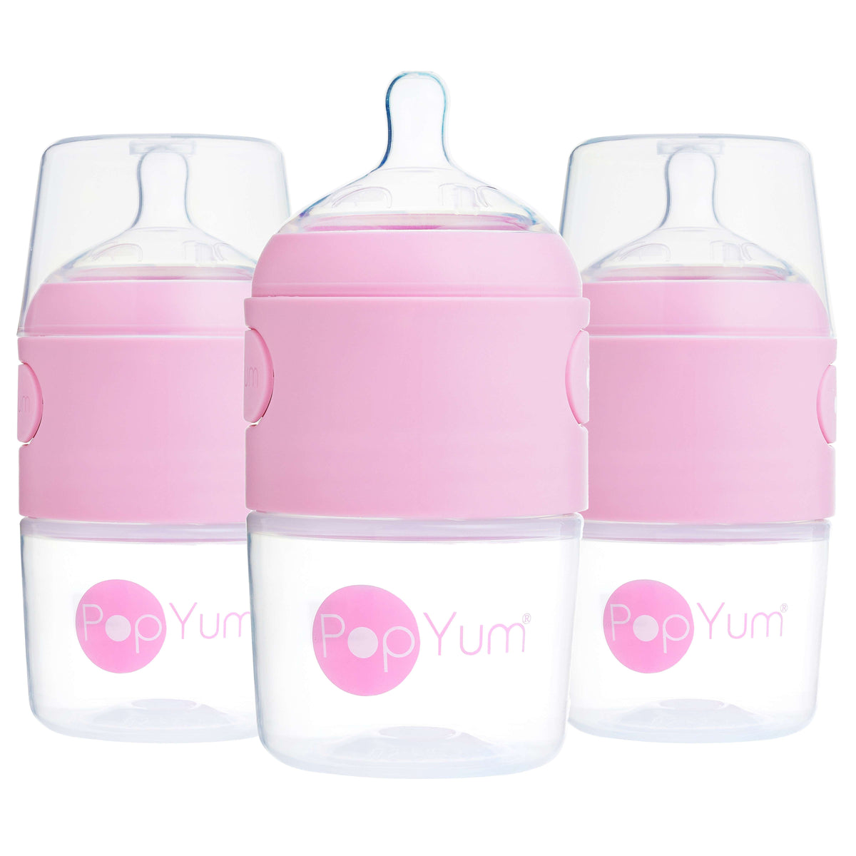 PopYum 5oz Anti-Colic Baby Bottle for Breast and Formula Feeding, 3-Pack, Pink, #1 Slow Flow Nipples