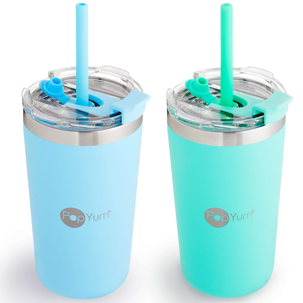 PopYum 13oz Insulated Stainless Steel Kids’ Cups with Lid and Straw, 2-Pack, Blue & Green, stackable, sippy, baby, child, toddler, tumbler