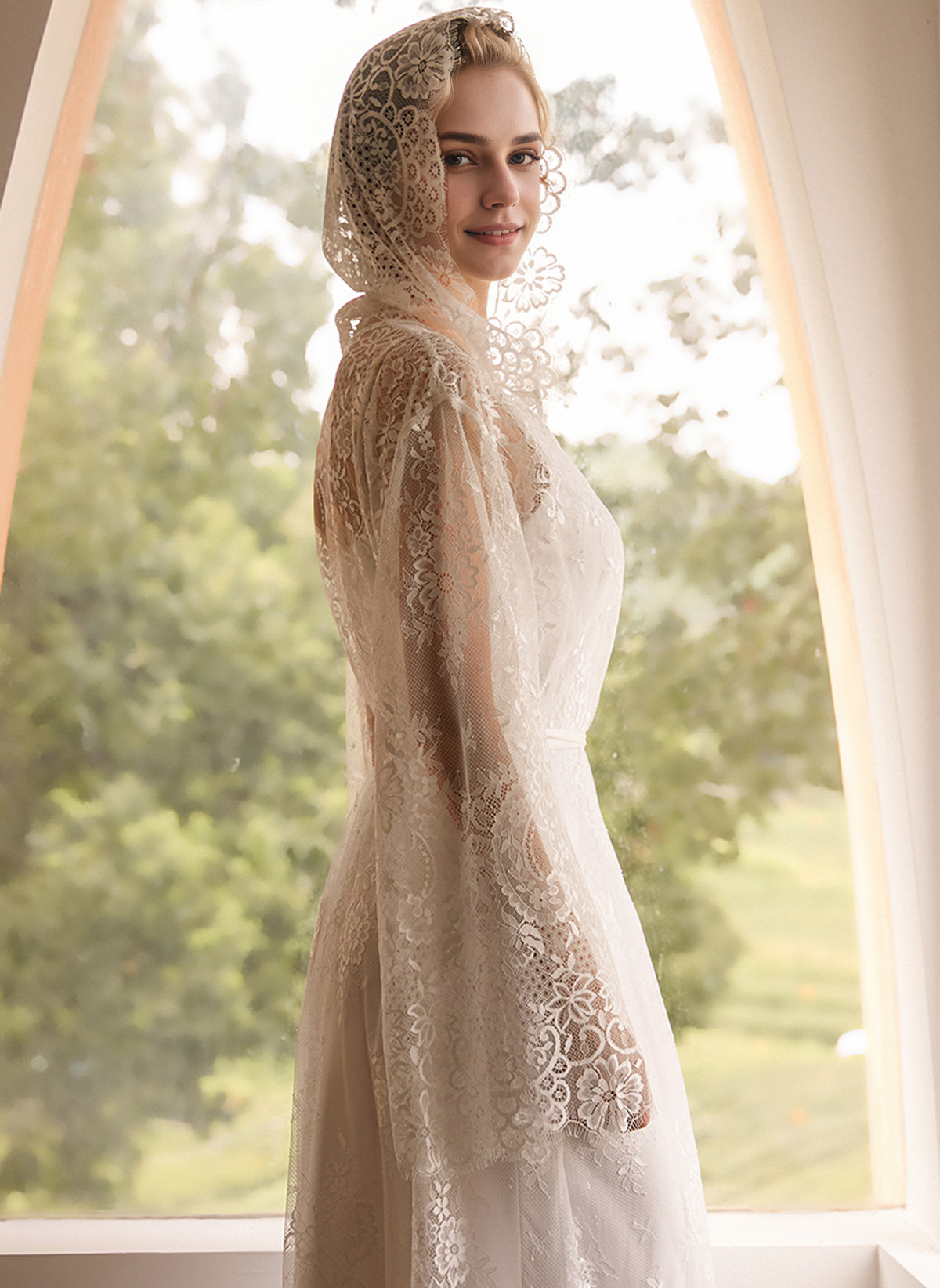 Romantic Floral Lace Hooded Bridal Robe Set – Long Sheer Lace Cover-Up with Satin Slip