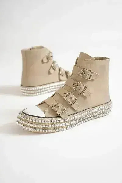 Beast Fashion Multi-Buckle Straps Studded Platform Sneakers