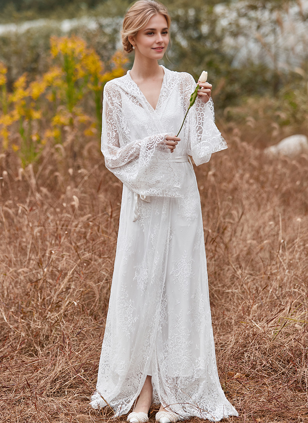 Romantic Floral Lace Hooded Bridal Robe Set – Long Sheer Lace Cover-Up with Satin Slip