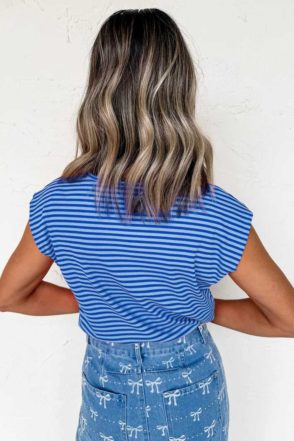 Black Stripe Ribbed Cap Sleeve Round Neck T Shirt