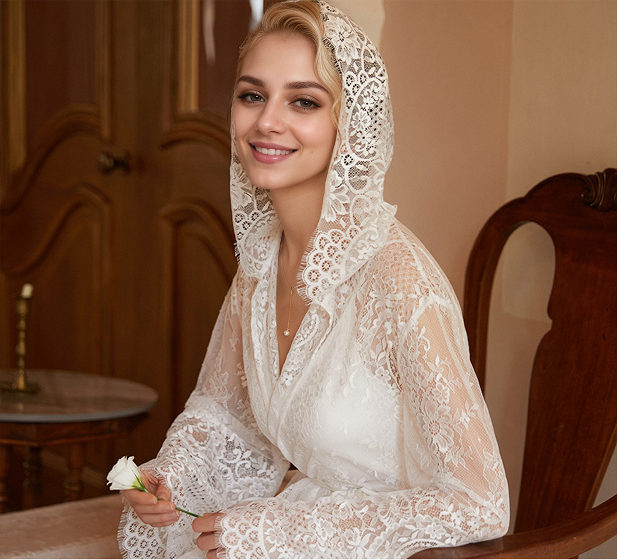Romantic Floral Lace Hooded Bridal Robe Set – Long Sheer Lace Cover-Up with Satin Slip