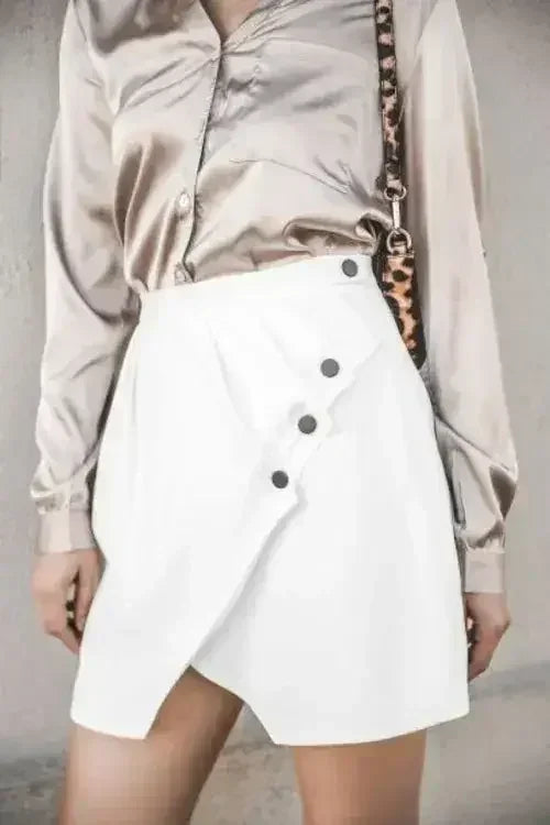 White Button Front Layered Asymmetrical Mini Skirt