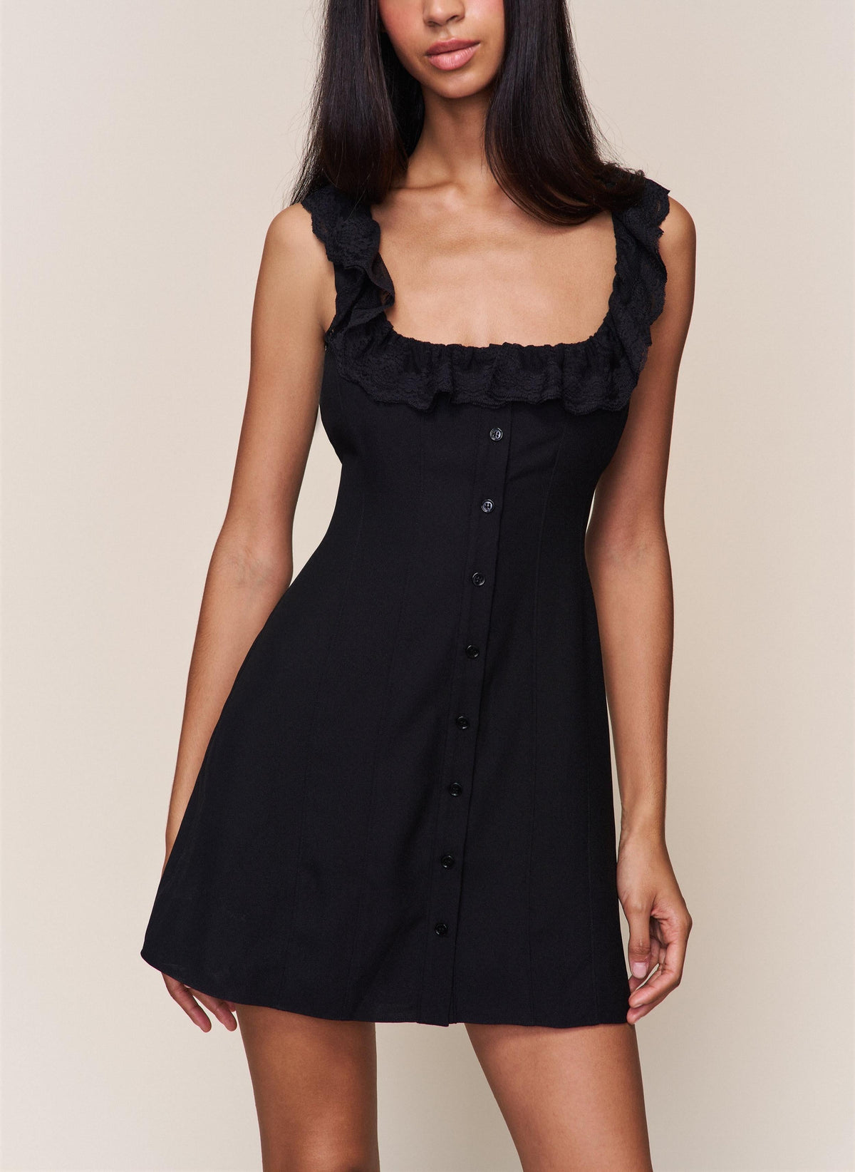 Spring French Slim Lace Square Collar Single Breasted Cinched Sleeveless Mini Dress