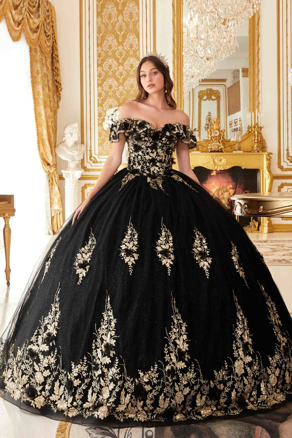 Ladivine 15701 Floral Off the Shoulder A-line Quince Ball Gown