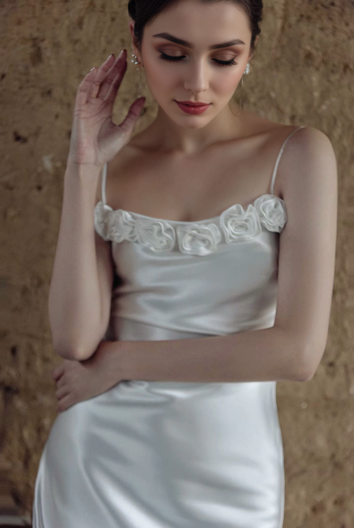 Vintage Rose-Trimmed Satin Slip Wedding Dress with Spaghetti Straps