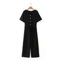 Women Summer Short Sleeve Black Jumpsuit Woman High Waist Lace Up Jumpsuit Romper Casual Overall Femme Wide Leg Pants