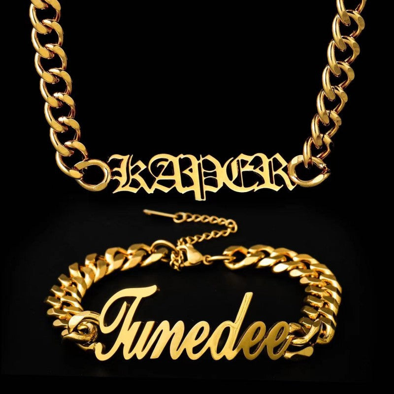 FLIPSTYLEZ LLC Metallic Silver Custom Engraved Cuban Chain Necklace & Bracelet Set | Tarnish-Free Stainless Steel Personalized Jewelry for Men & Women