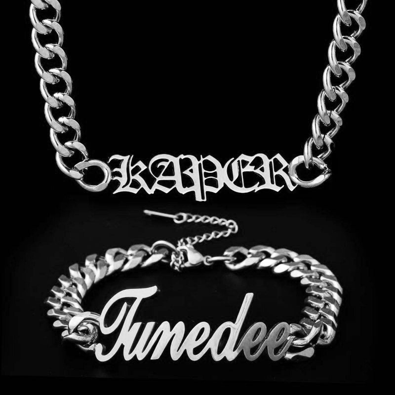 FLIPSTYLEZ LLC Metallic Silver Custom Engraved Cuban Chain Necklace & Bracelet Set | Tarnish-Free Stainless Steel Personalized Jewelry for Men & Women