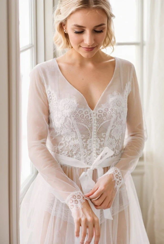 Elegant Sheer Lace Bridal Robe – Long-Sleeve See-Through Lingerie Gown