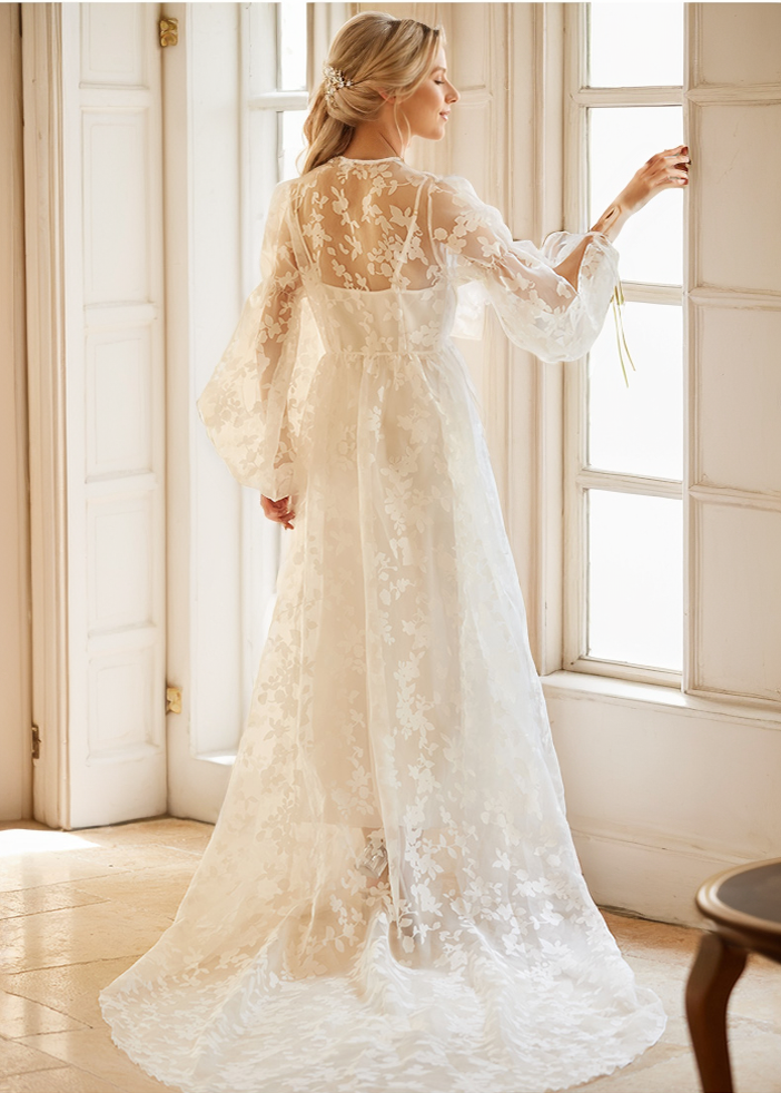Ethereal Lace Long-Sleeve Sheer Bridal Robe Dress with Train