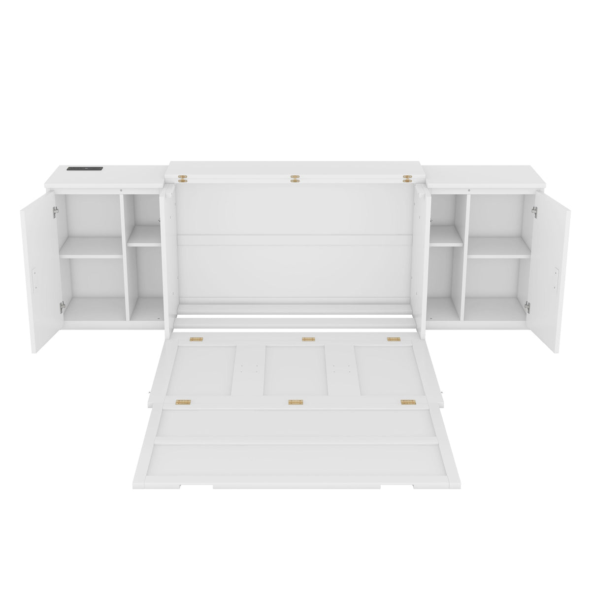 Full Size Murphy Bed with Shelves, Cabinets and USB Ports,White