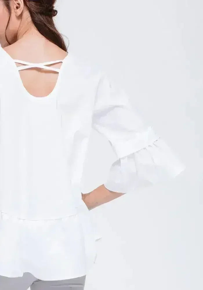 Women's Ruffle Hem Crew Neck Top In White