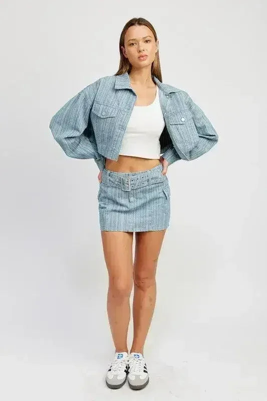 BELTED MINI DENIM SKIRT