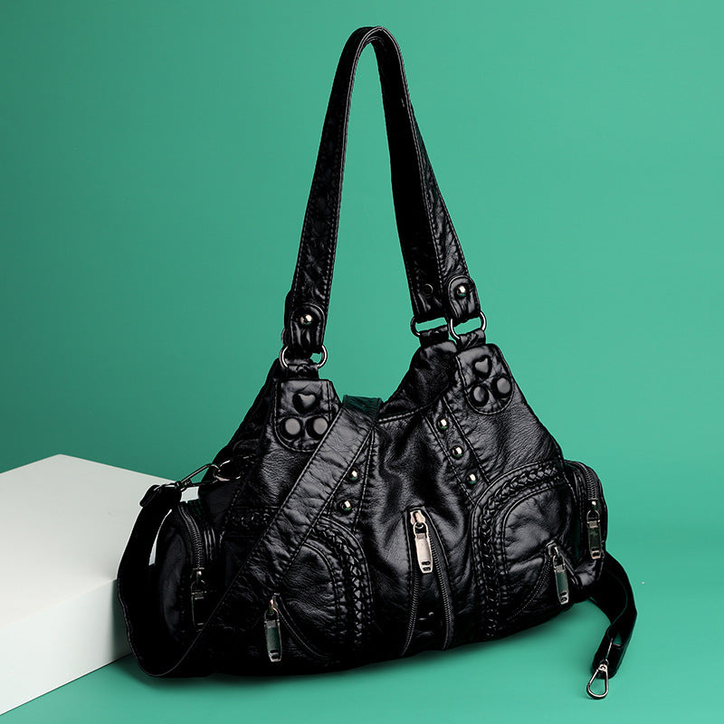 Women's Real Washed Leather Motorcycle Fashion Solid Shoulder Bags