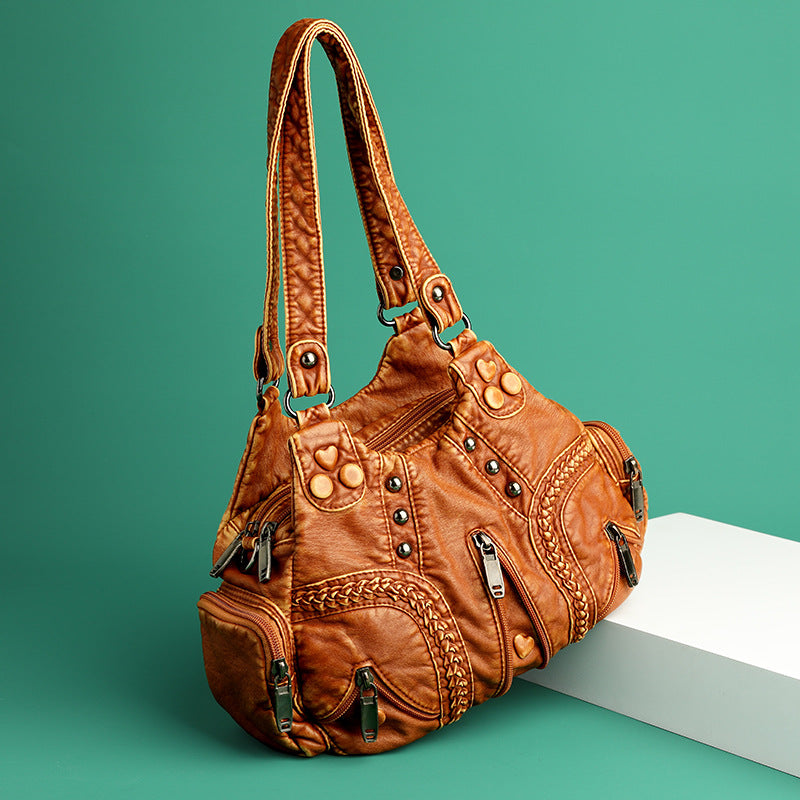 Women's Real Washed Leather Motorcycle Fashion Solid Shoulder Bags