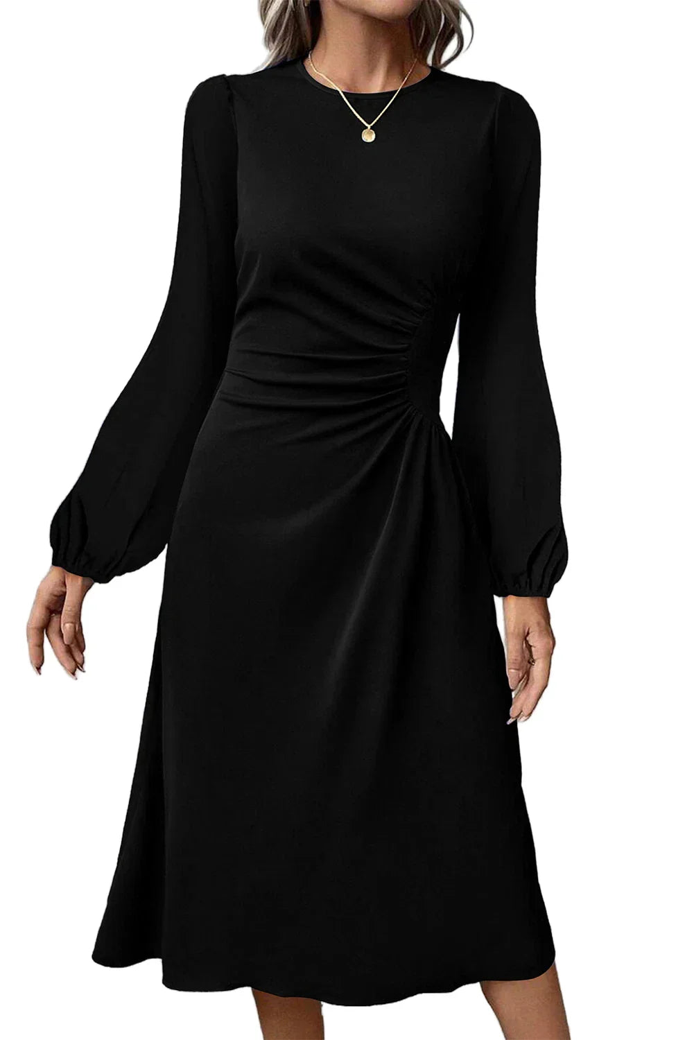 Black Plain Lantern Sleeve Midi Dress