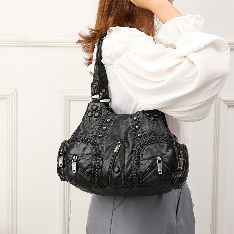 Women's Real Washed Leather Motorcycle Fashion Solid Shoulder Bags