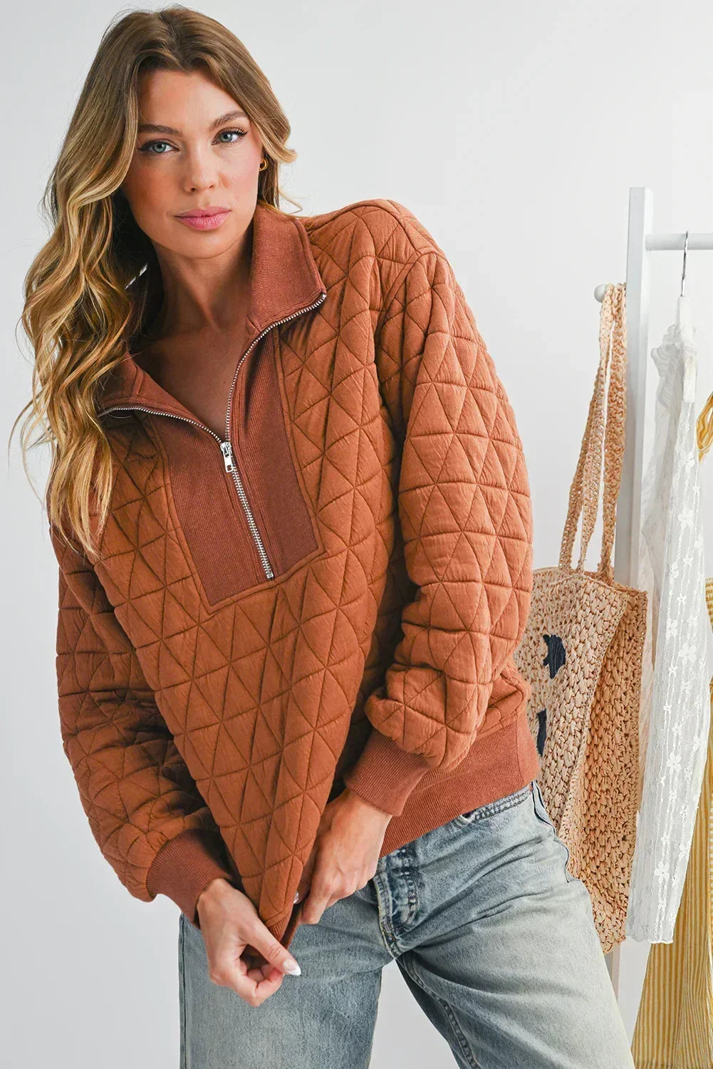 Brown Textured Zipper Neck Long Sleeve Pullover Sweatshirt - Femstylo