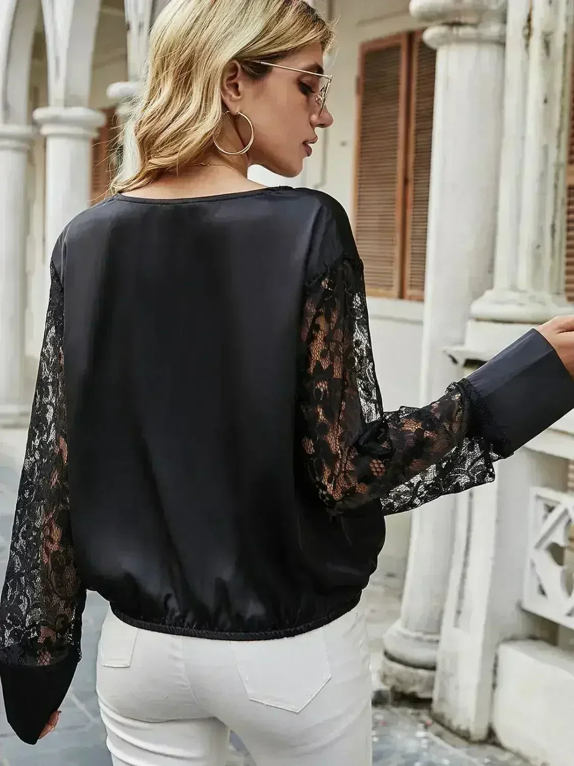 Black Surplice Lace Long Sleeve Blouse | Femstylo