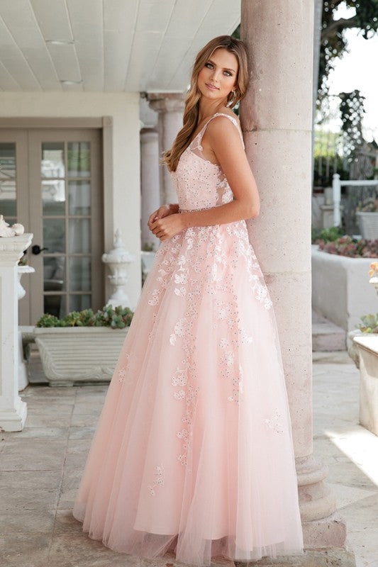 Juliet 224 V-Neck and Back Embroidered Tulle A-Line Ball Gown