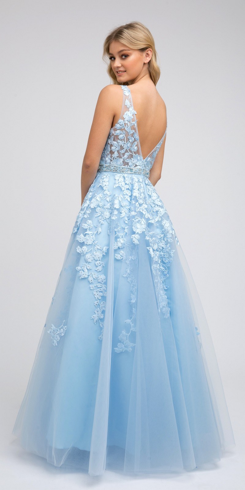 Juliet 224 V-Neck and Back Embroidered Tulle A-Line Ball Gown