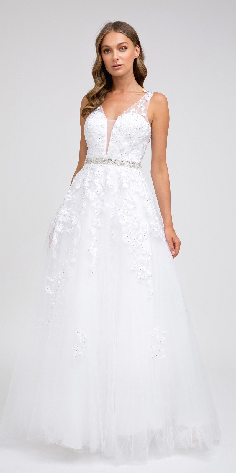 Juliet 224 V-Neck and Back Embroidered Tulle A-Line Ball Gown