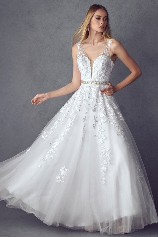 Juliet 224 V-Neck and Back Embroidered Tulle A-Line Ball Gown