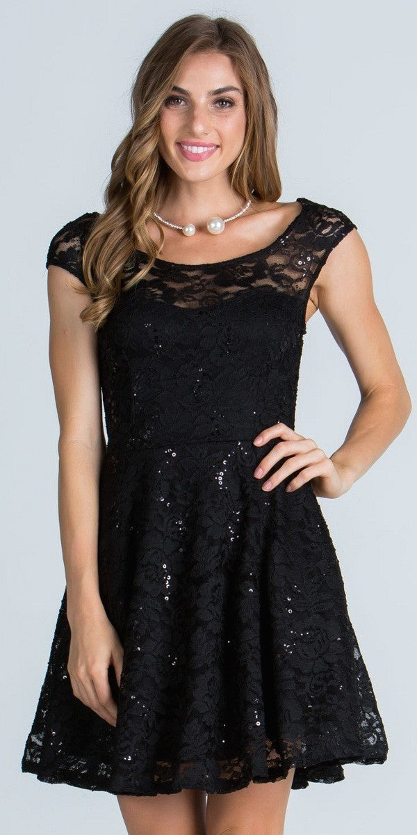 CLEARANCE - La Scala 24111 Lace Cap Sleeves Short Black Dress
