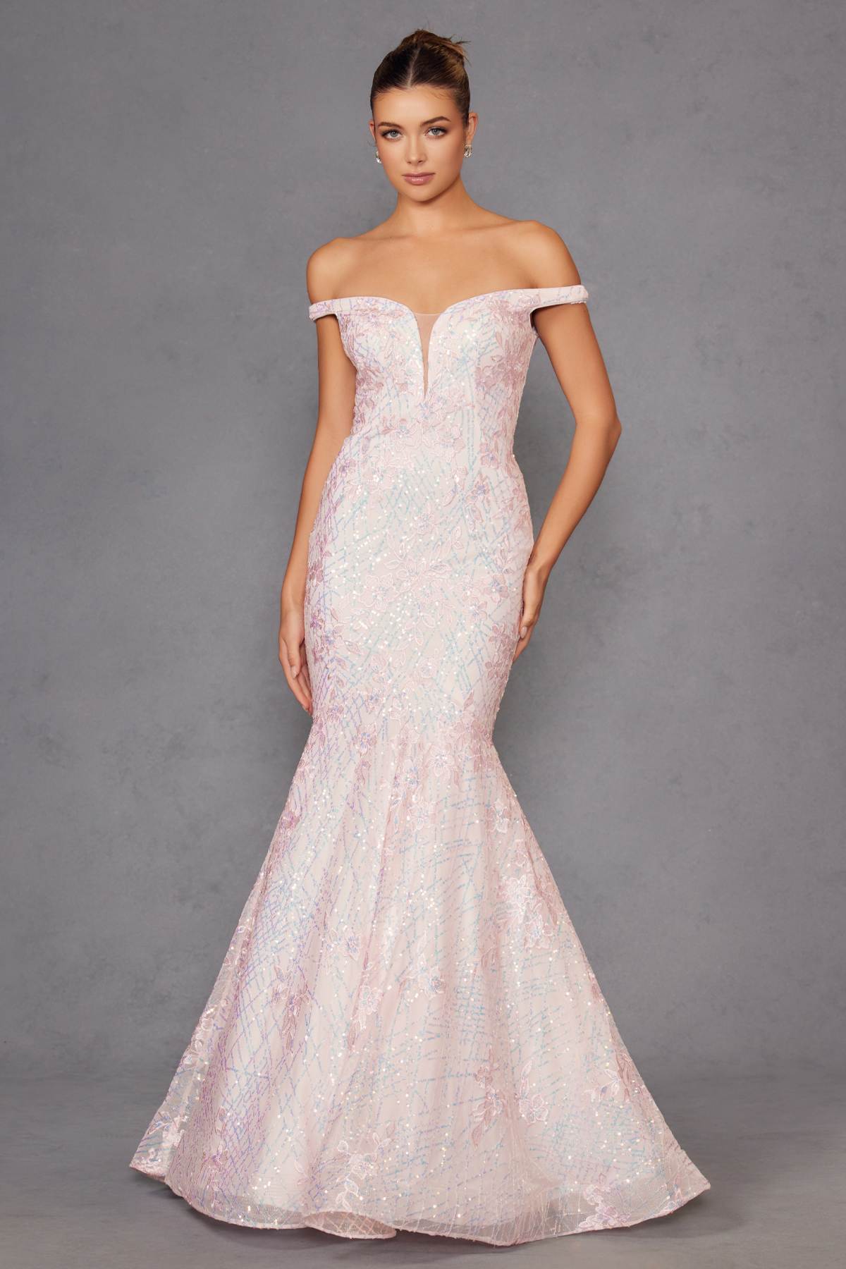 Juliet 2412 Mermaid Gown Plunging Deep V Illusion Neckline Off the Shoulder