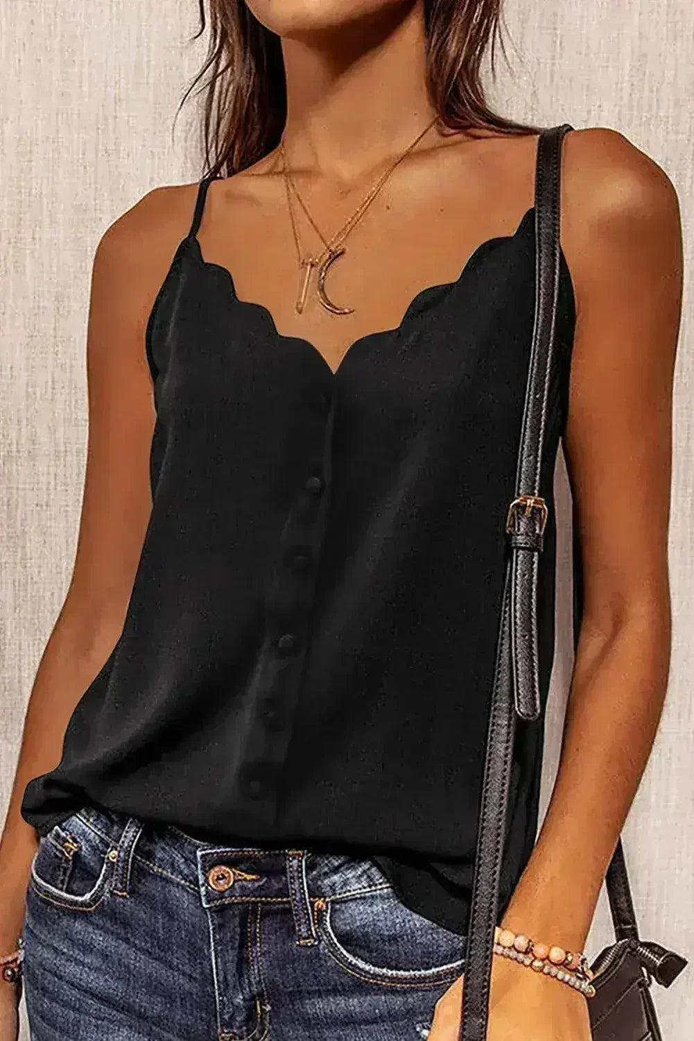 Black Spaghetti Straps Buttoned V Neck Vest