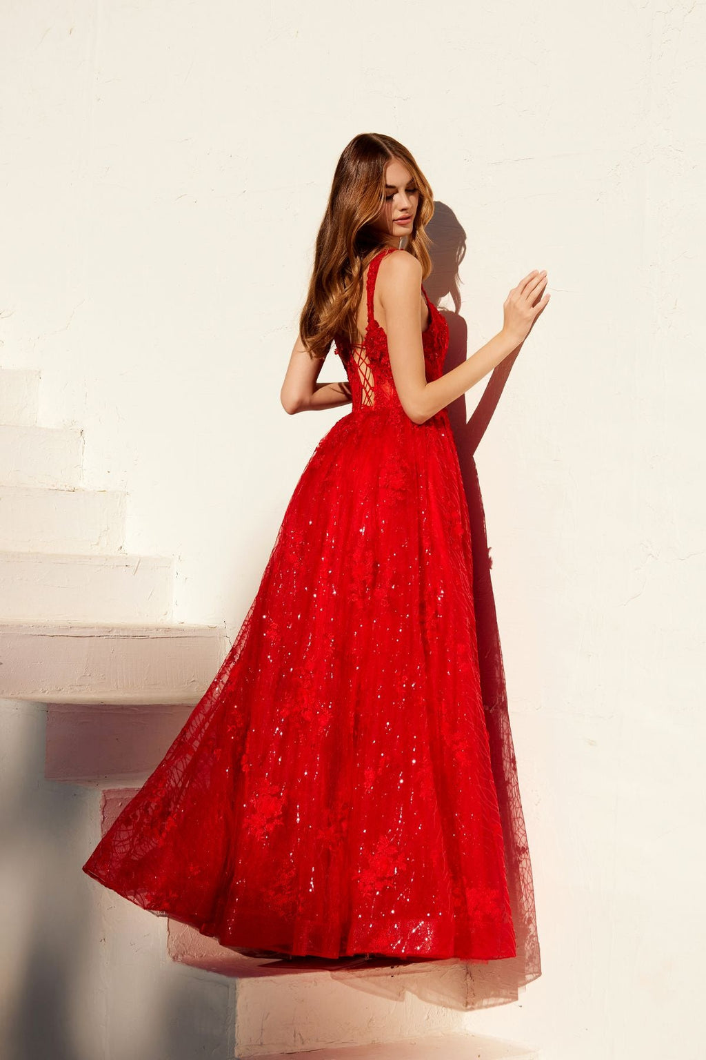Juliet JT2495A Long A-Line Floral Lace Evening Gown
