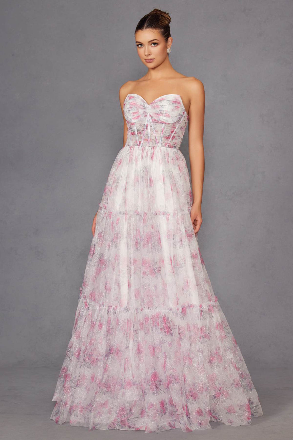Juliet JT2507A Long Strapless Sweetheart Print Tiered Skirt Gown