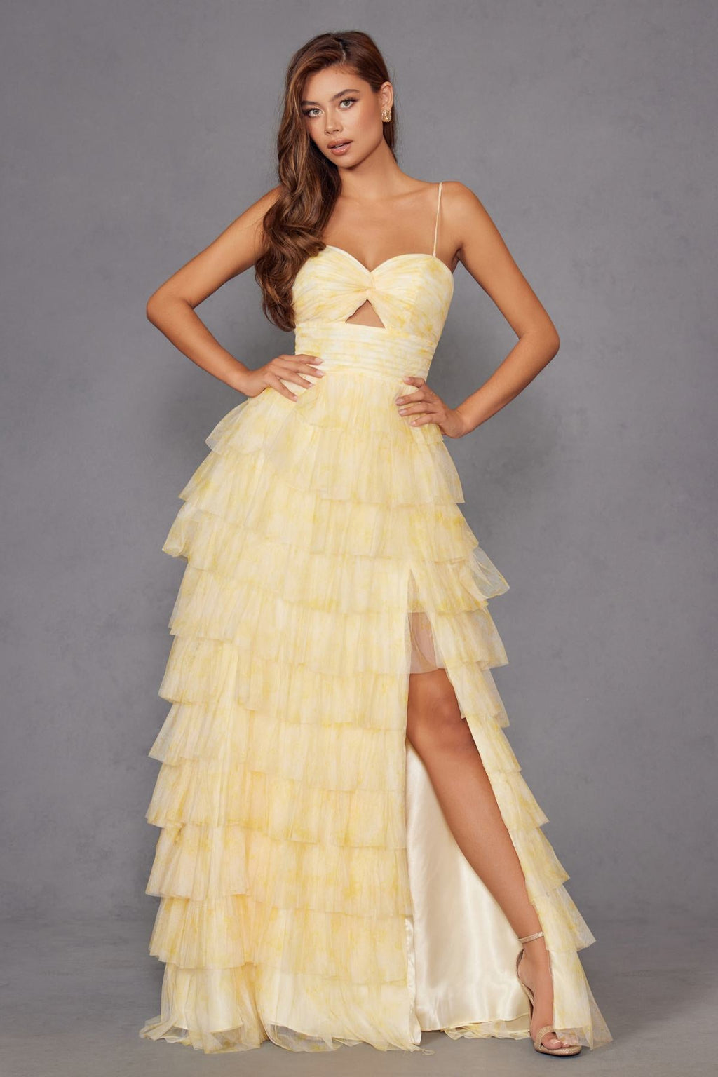Juliet JT2508A Sweetheart Keyhole Neckline Ruffled Tier Skirt Gown
