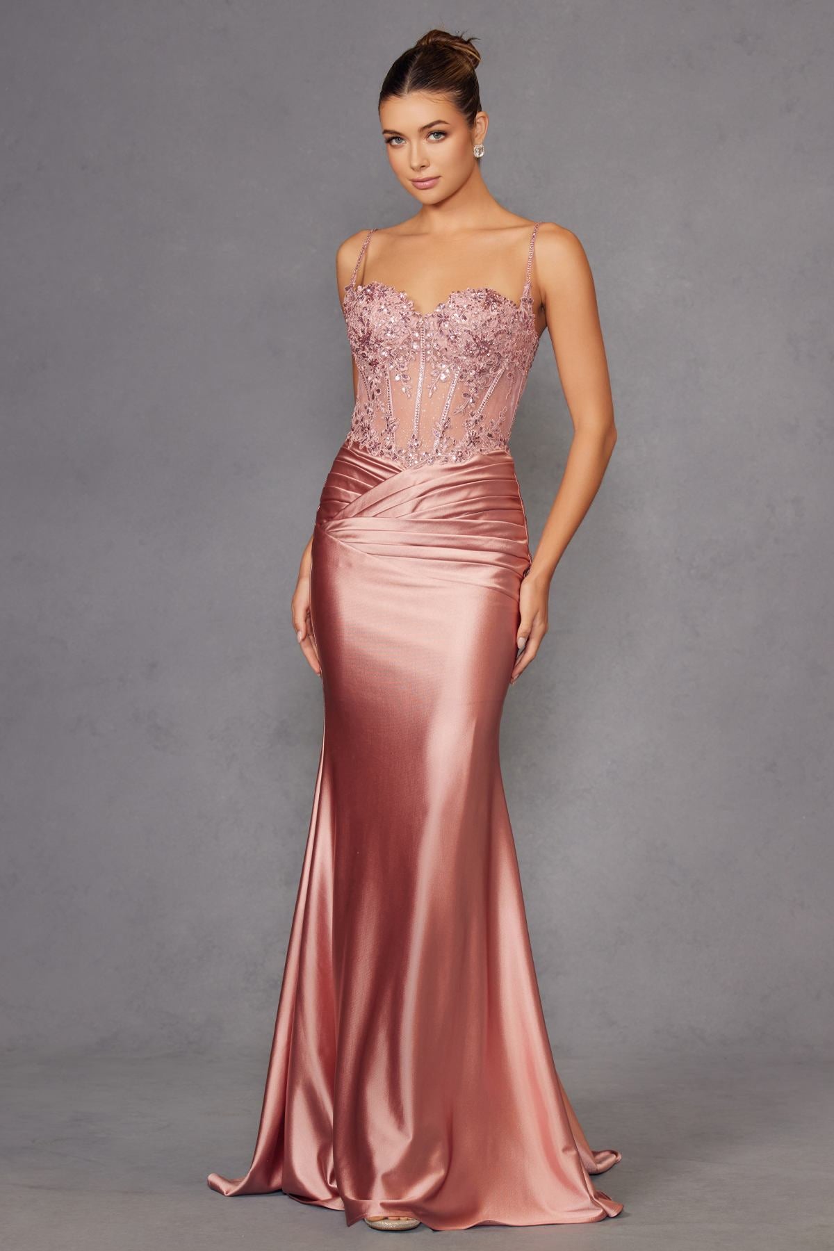 Juliet JT2531K Fitted Bodice Long Satin Sweetheart Prom Gown