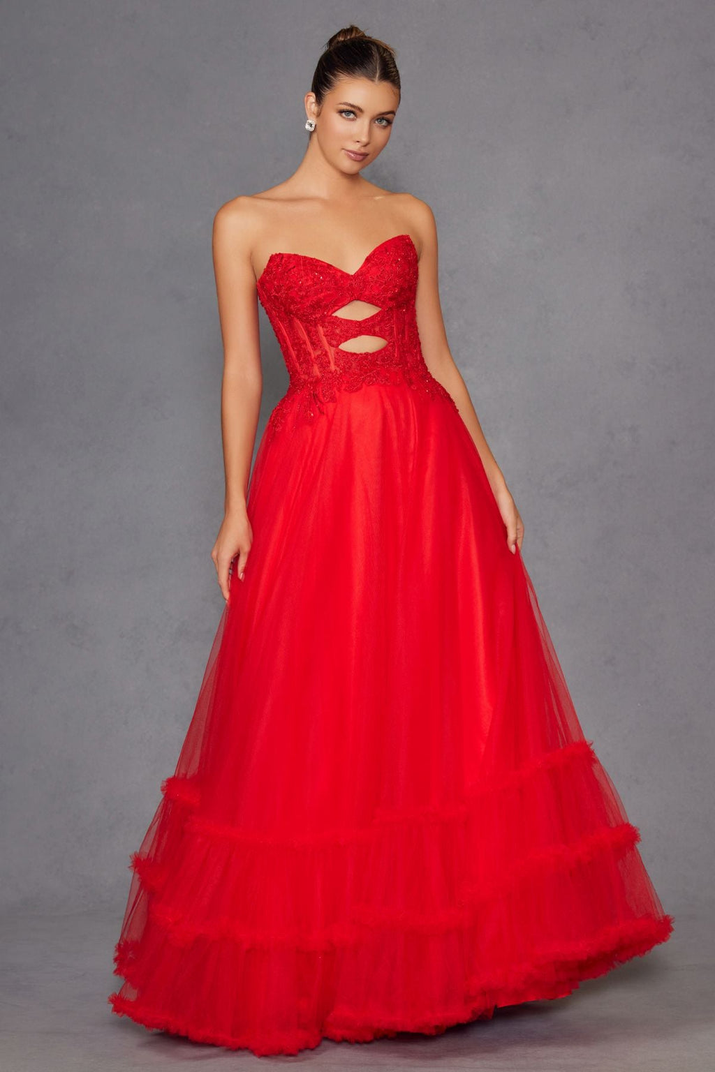 Juliet JT2561S Strapless Sweetheart Keyhole Bodice Tulle A-Line Gown