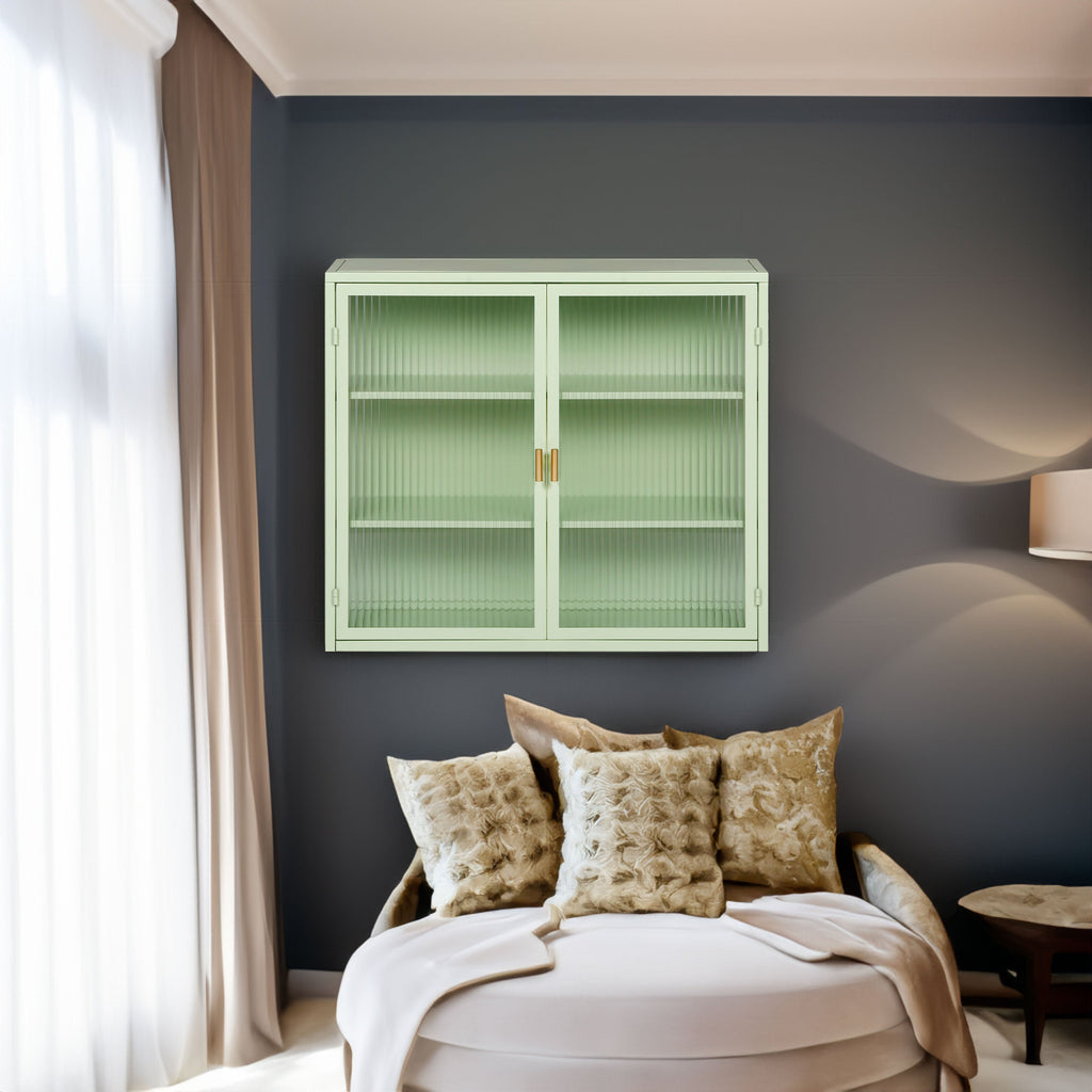 27.56"Glass Doors Modern Two-door Wall Cabinet with Featuring Three-tier Storage Mint Green