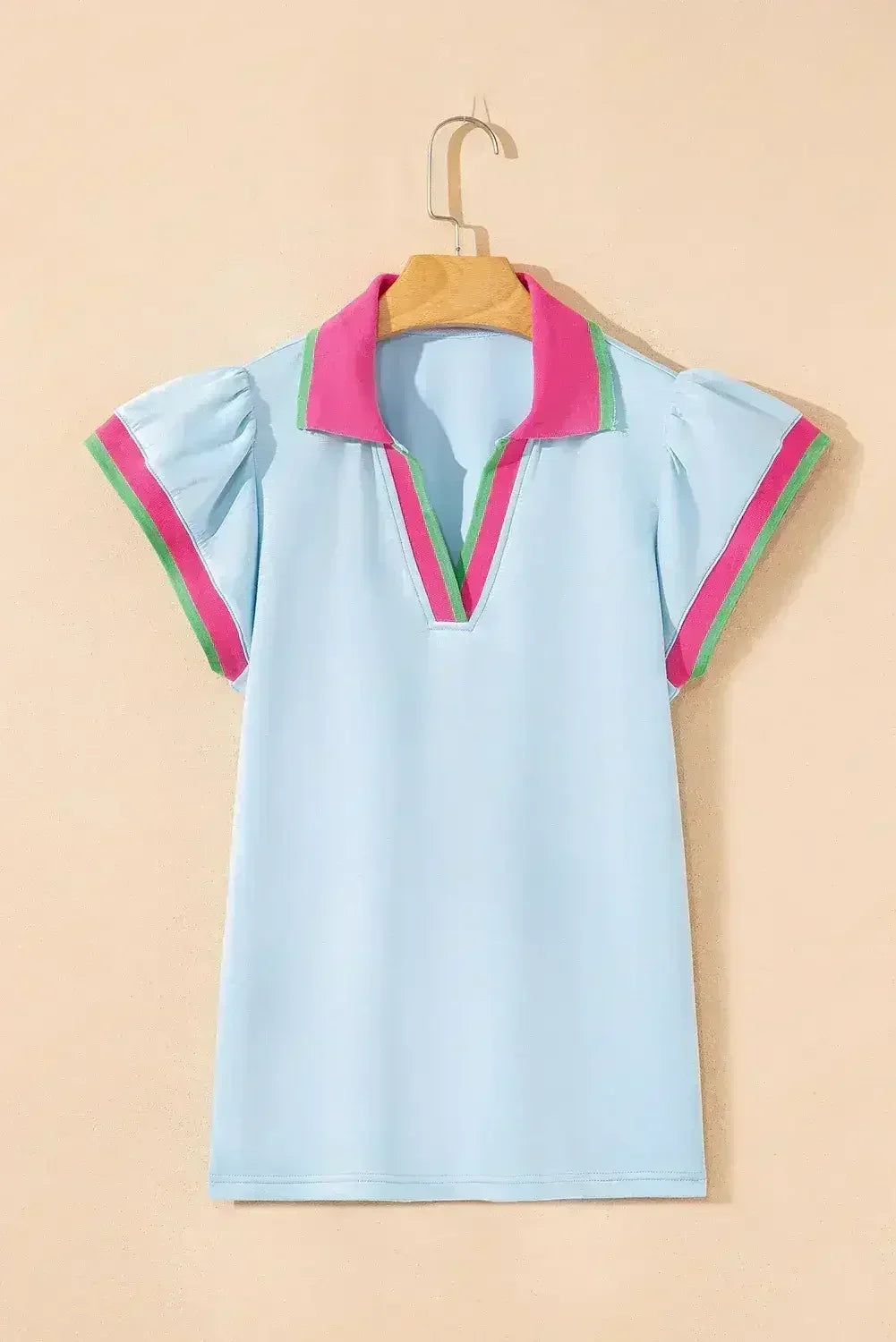 Beau Blue Color Collared V Neck Ruffle Sleeve Blouse | Femstylo