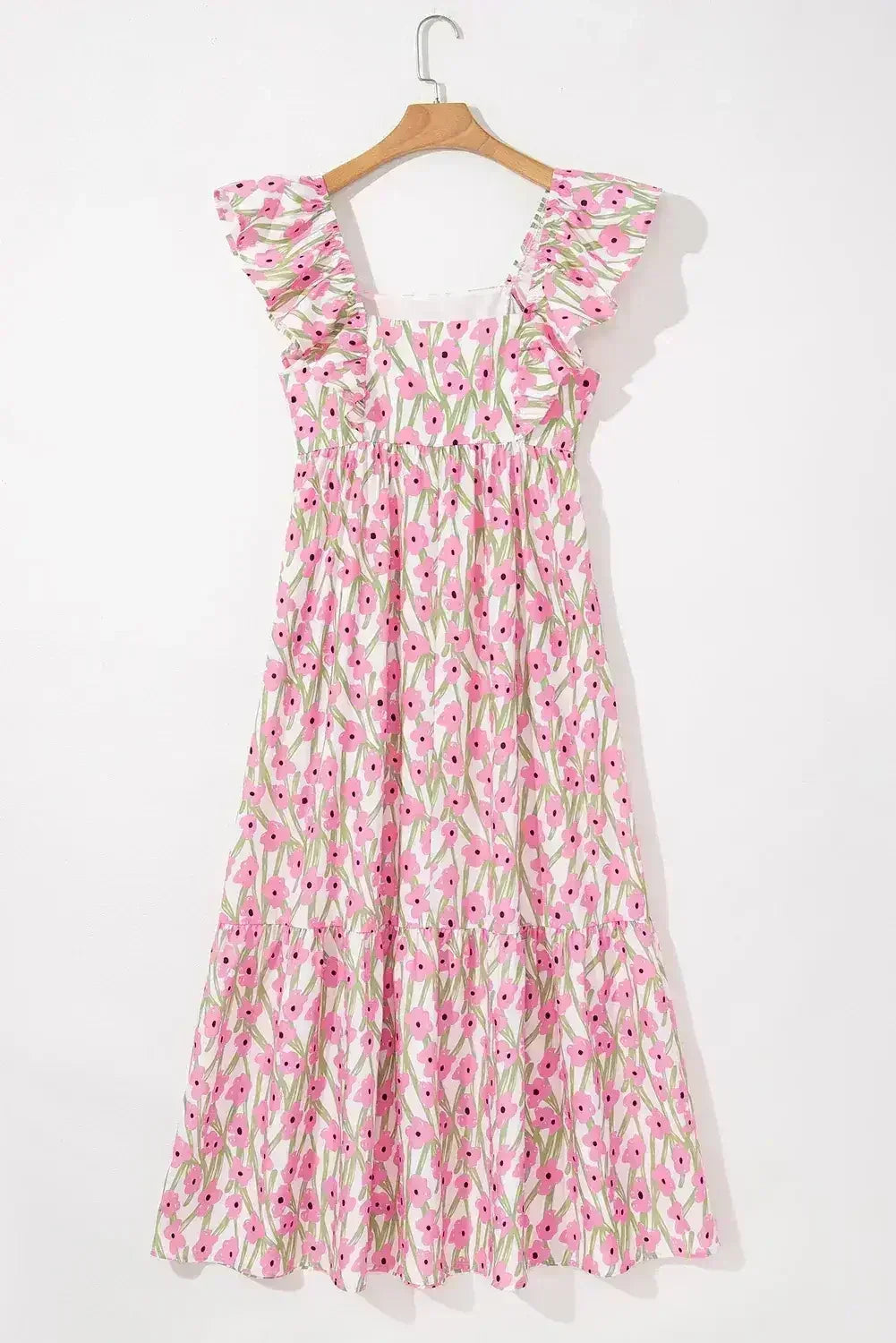 Pink Floral Print Square Neck Ruffled Strap Maxi Dress