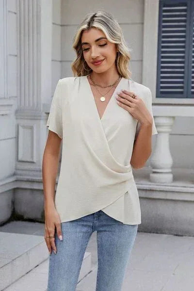 Out of State - Solid Color Surplice Short Sleeve Blouse