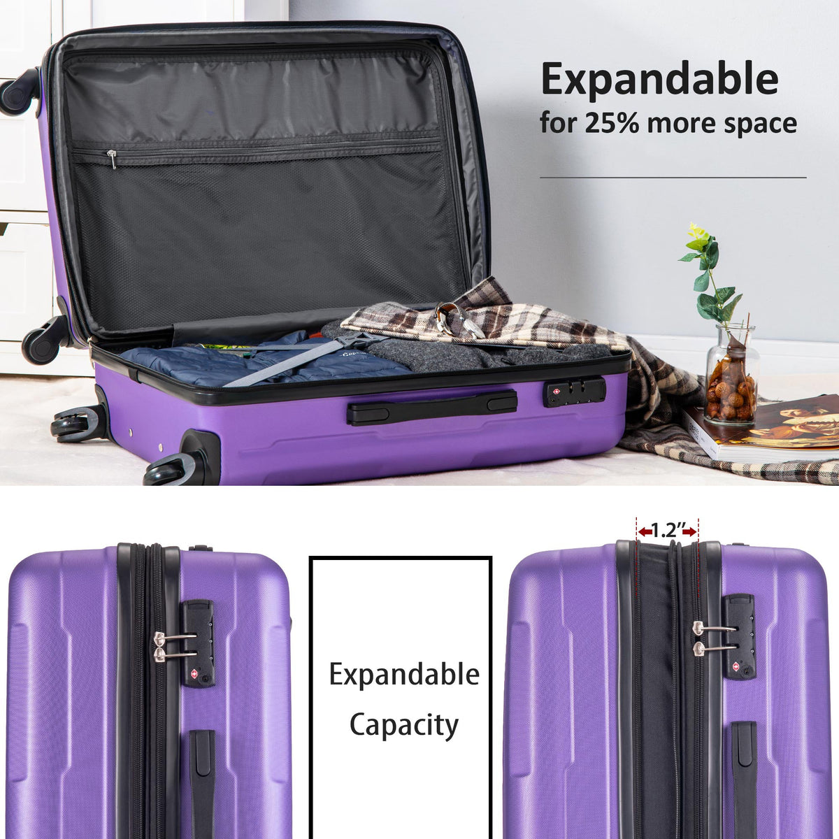 Expanable Spinner Wheel 2 Piece Luggage Set ABS Lightweight Suitcase with TSA Lock 20inch+24inch Purple + Plastic