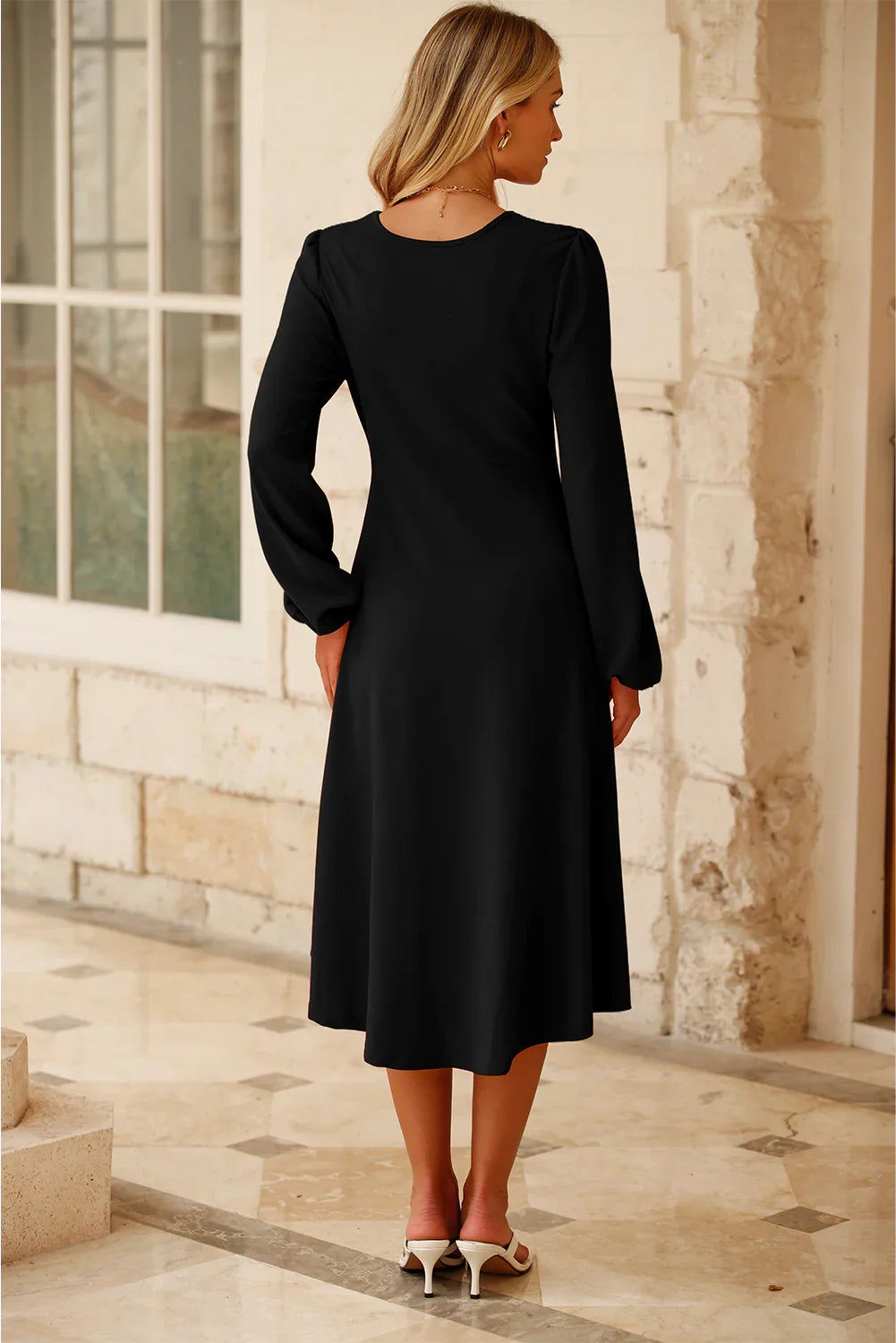 Black Plain Lantern Sleeve Midi Dress