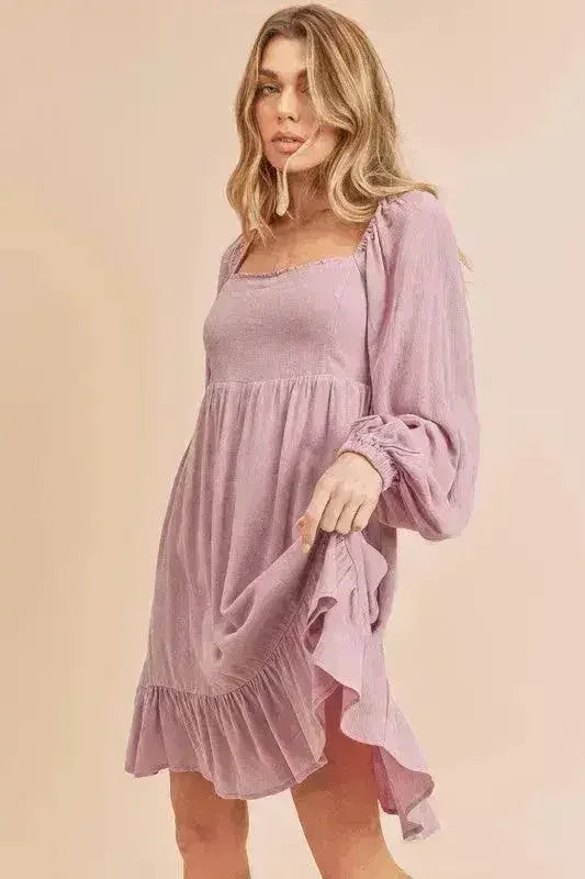 Aemi + Co Ruffled Hem Square Neck Balloon Sleeve Mini Dress