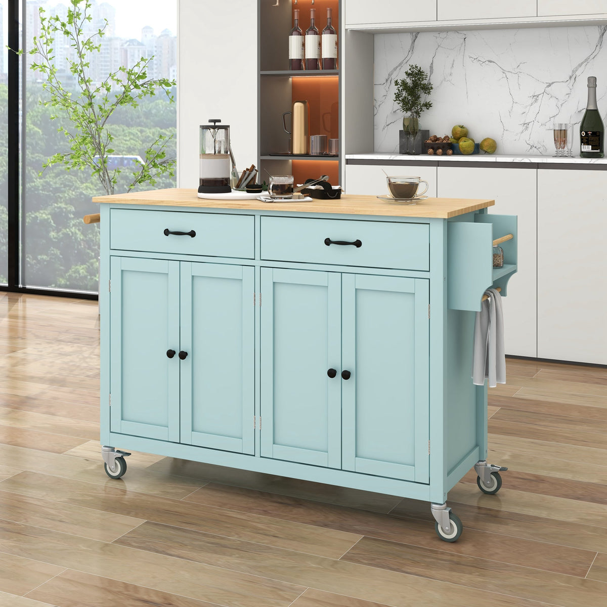 Kitchen Island Cart with 4 Door Cabinet and Two Drawers and 2 Locking Wheels - Solid Wood Top (Mint Green)
