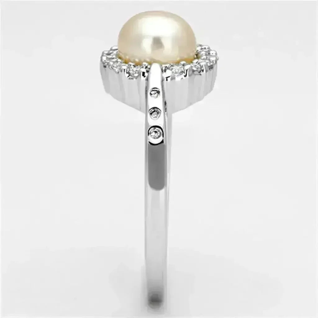 3W487 - Rhodium Brass Ring with Synthetic Pearl in White