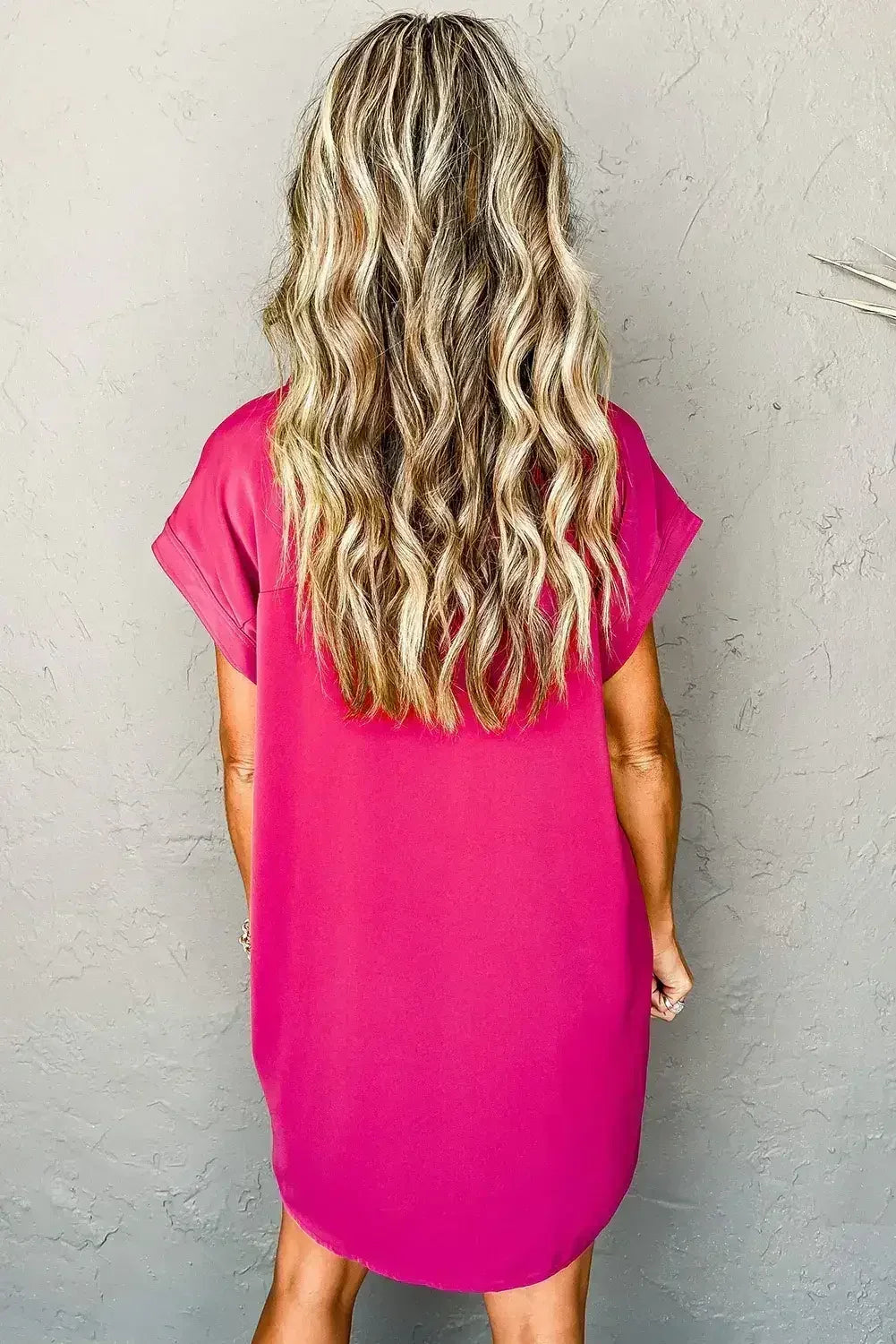 Rose Red Buttoned Collar Shift T Shirt Dress