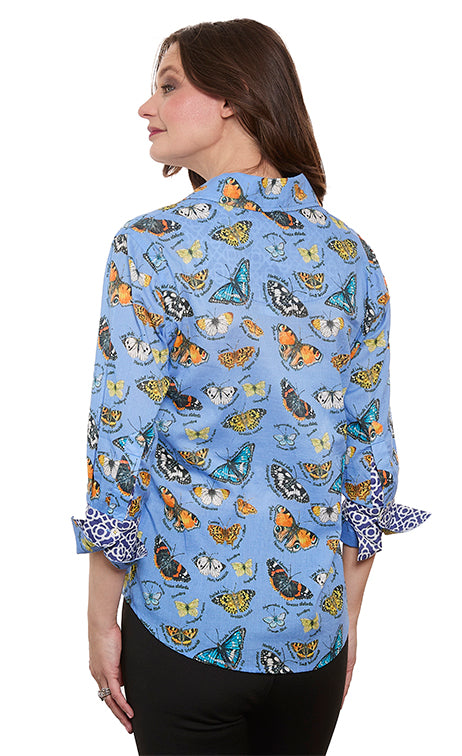 3/4 Sleeve Rome Shirt Blue Ground  Cotton Voile Butterfly Print